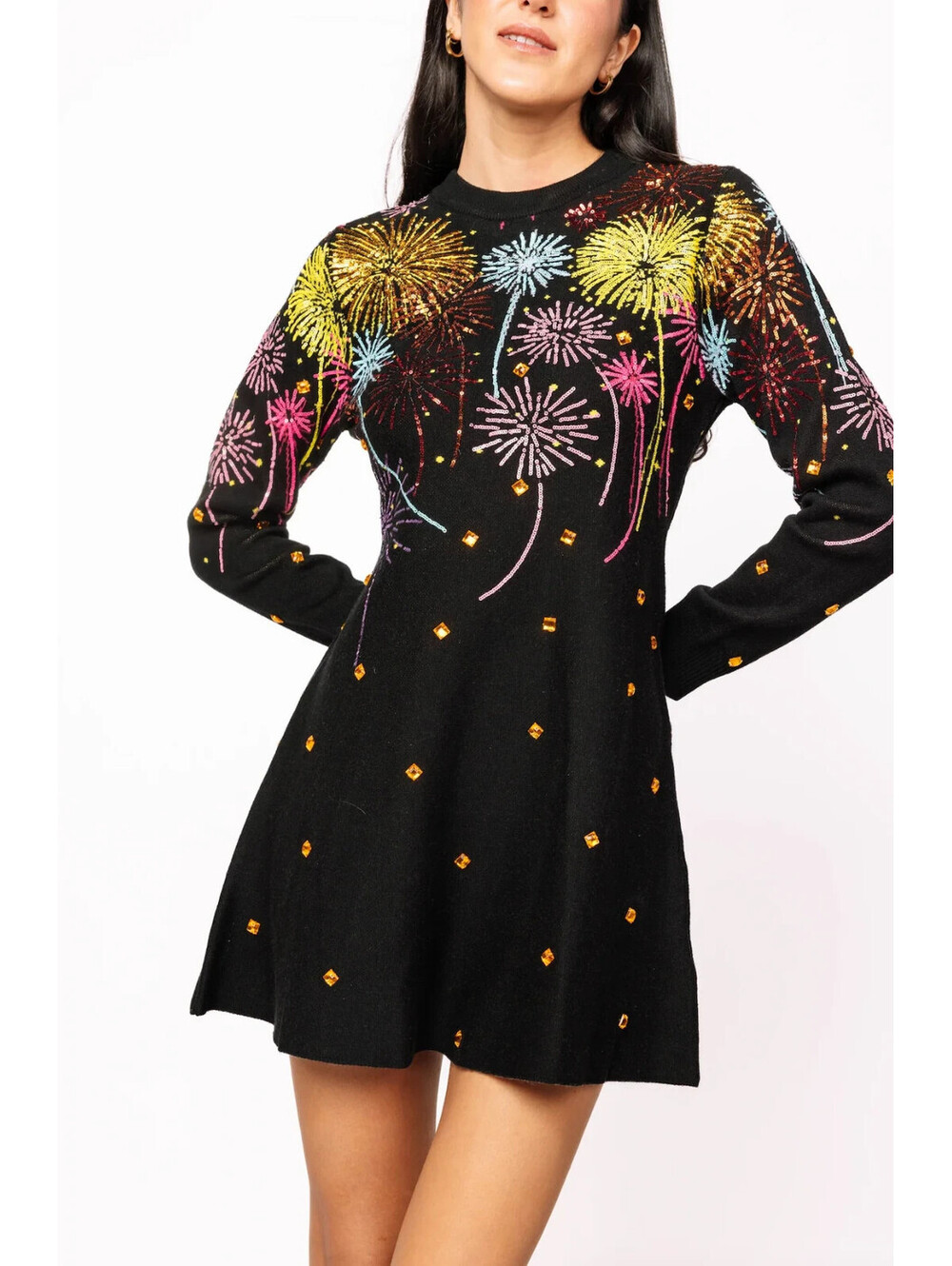 QUEEN OF SPARKLES BLACK MULTI RAINBOW FIREWORK JEWELED SWEATER DRESS XL $207 NWT